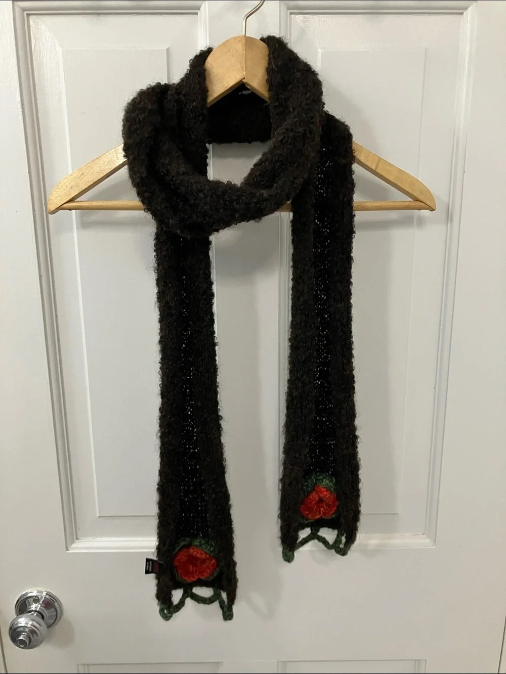 Handmade wool Dark Brown Knit Scarf with Red green flower Appliqués by Tabask